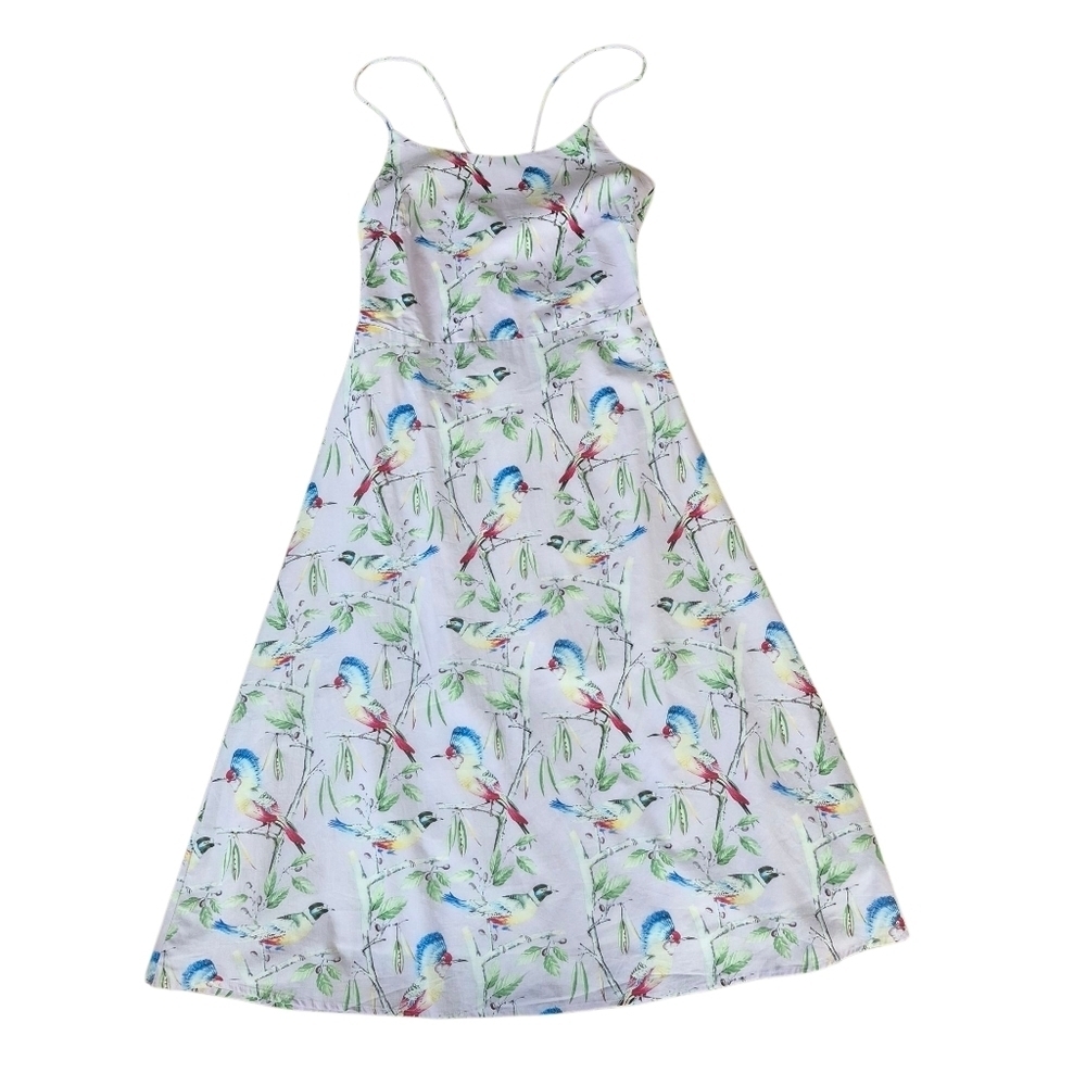 NWT Hilary Macmillan Lace Up Back Cotton Midi Dress Tropical Birds Print - Picture 3 of 8